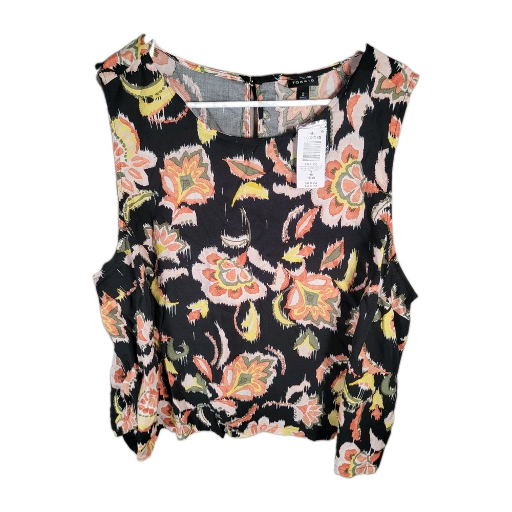 NWT Torrid Challis Shell Top 2 2X Black Floral Ikat Sleeveless Keyhole Blouse